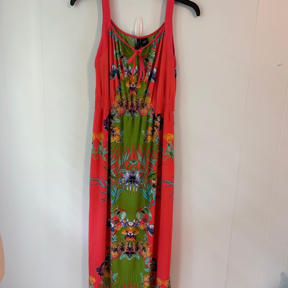 New Directions Womens Coral Pink‎ Tropical Butterfly Smocked Waist Maxi Dress L